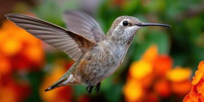 Hummingbird in flight with flowers in background photo