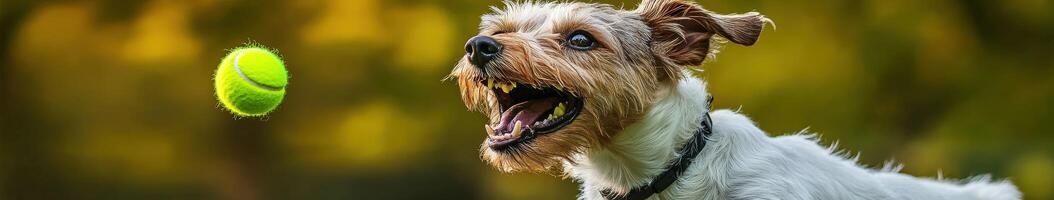 A dog is playing with a tennis ball photo