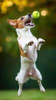 A dog jumping up to catch a tennis ball photo