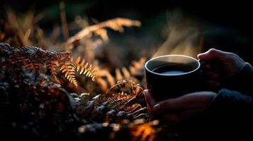 A person holding a cup of coffee in front of ferns photo