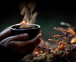 A person holding a cup of coffee in the dark photo