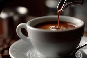 Coffee is being poured into a cup of coffee photo
