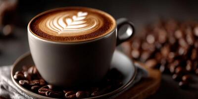 A cup of coffee with a leaf pattern on top photo