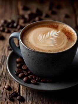 Coffee beans and cappuccino latte on wooden table photo