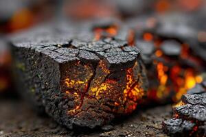 Burning embers glowing amidst dark charcoal fragments photo