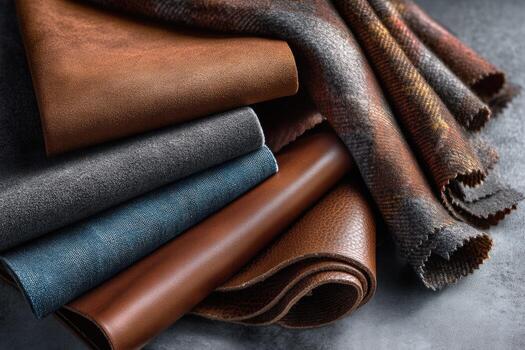 Leather fabric and leather products on a table photo