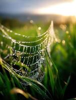 A spider web covered in dew in the grass photo
