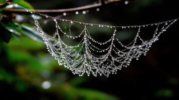 A spider web with water droplets hanging from it photo