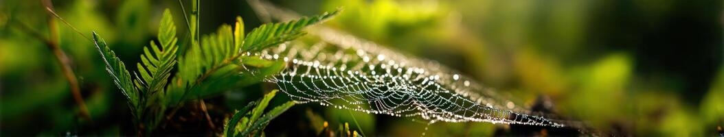 A spider web is seen in the grass photo