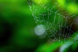 A spider web is shown in front of green leaves photo