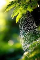 A spider web is hanging in the middle of a green plant photo