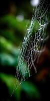 A spider web is shown in the middle of the night photo