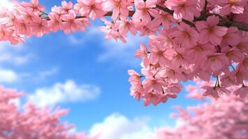 Pink cherry blossoms on a tree in front of a blue sky photo