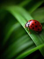A ladybug is sitting on top of a green leaf photo