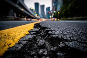 A crack in the road is shown in the middle of a city photo