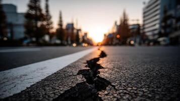 A crack in the asphalt of a road at sunset photo