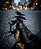 A crack in the road is shown in the middle of the street photo
