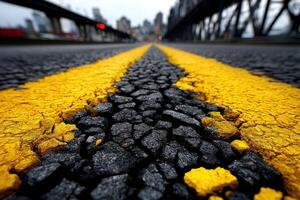 A close up of a road with yellow paint photo