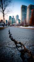 A crack in the road with a city skyline in the background photo