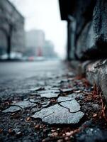 A close up of a cracked pavement on a street photo