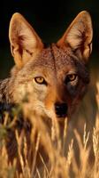 A coyote is looking at the camera in a field photo