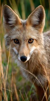 A fox looking at the camera in the grass photo