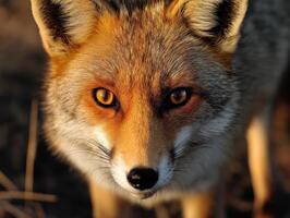 A close up of a fox with bright orange eyes photo