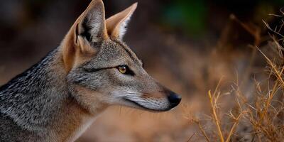 A close up of a coyote looking off into the distance photo