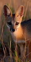 A small fox standing in tall grass photo