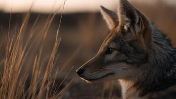A coyote is sitting in tall grass photo