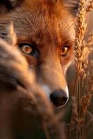 A fox is looking at the camera in a field photo