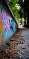 A graffiti covered wall with a tree in the background photo