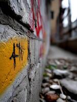 A yellow and black graffiti on a brick wall photo