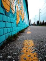 A blue brick wall with graffiti on it photo