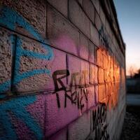 A wall with graffiti on it at sunset photo