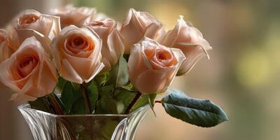 A vase filled with pink roses sitting on a table photo