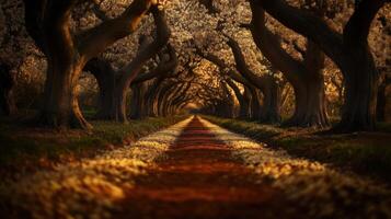 A path through a forest with trees and flowers photo