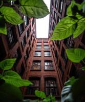 A view up at the top of a tall brick building photo