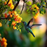 Hummingbird feeding on flowers in the garden photo