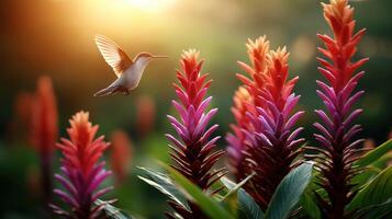 A hummingbird flying over a flower with the sun in the background photo