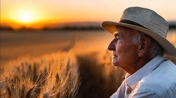An older man in a hat looking at the sunset photo