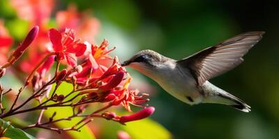 Hummingbird feeding on red flowers photo