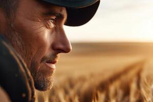 A man in a hat and jacket in a wheat field photo
