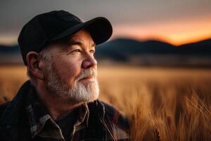 An older man in a plaid shirt and hat in a wheat field photo