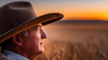 A man in a cowboy hat looking out to the horizon photo
