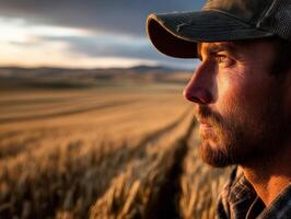 A man in a hat stands in a field photo