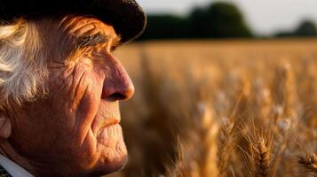 An elderly man in a hat stands in a field of wheat photo