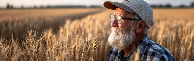 An older man in a plaid shirt and hat in a field of wheat photo