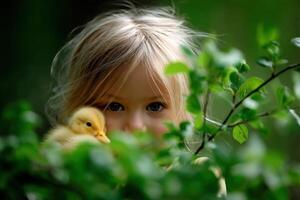 A little girl is holding a duckling in the woods photo