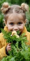 A little girl is holding a duckling in her hands photo